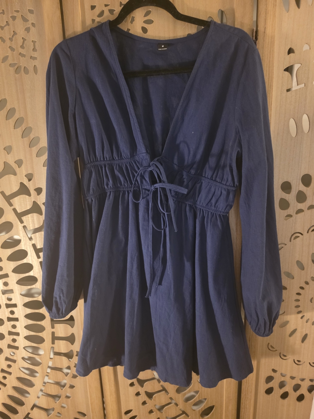 Women's Navy Tie-Waist Mini Dress with Long Sleeves